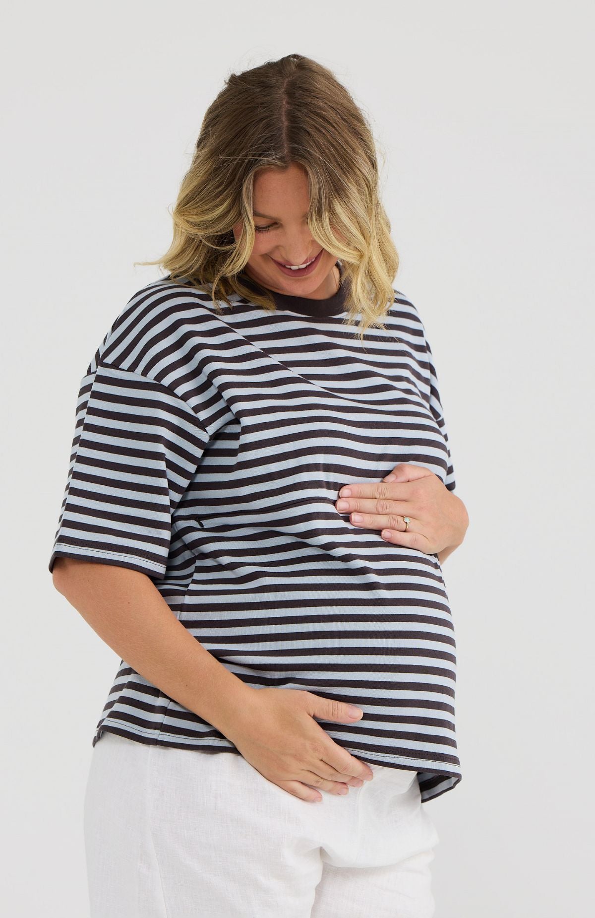 Stevie Breastfeeding Top Blue-Chocolate Stripe