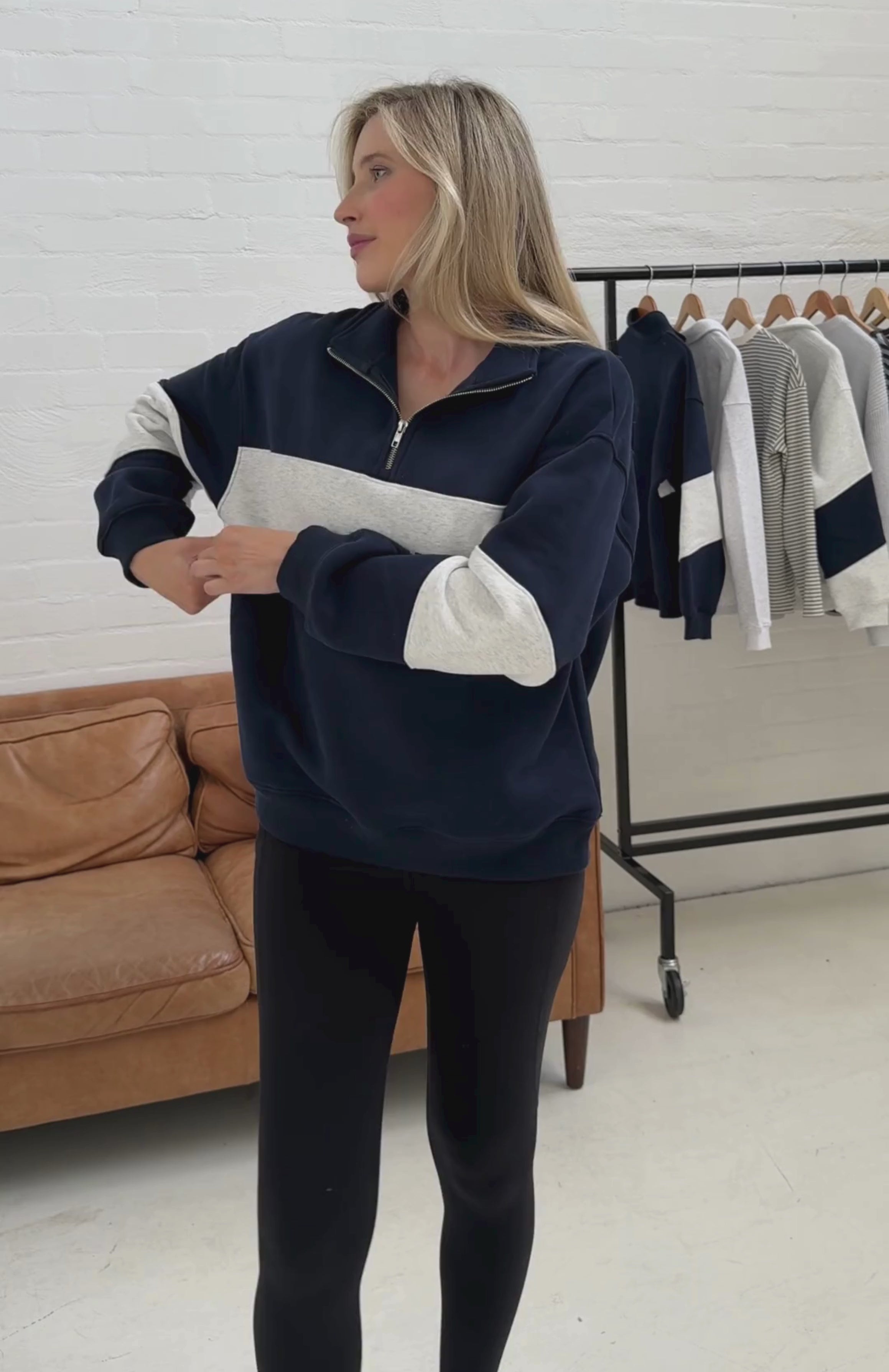 Breastfeeding Friendly Quarter Zip Jumper Navy and Grey Marle